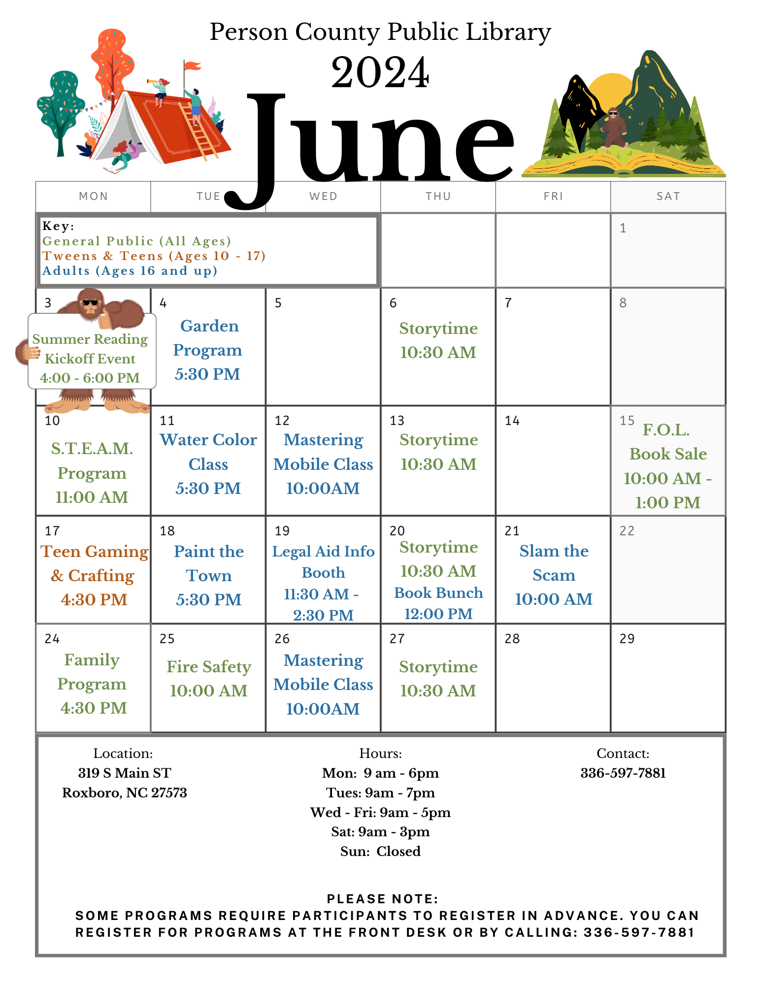 June 2024 Program Calendar please call the library at 3365977881 for more information.