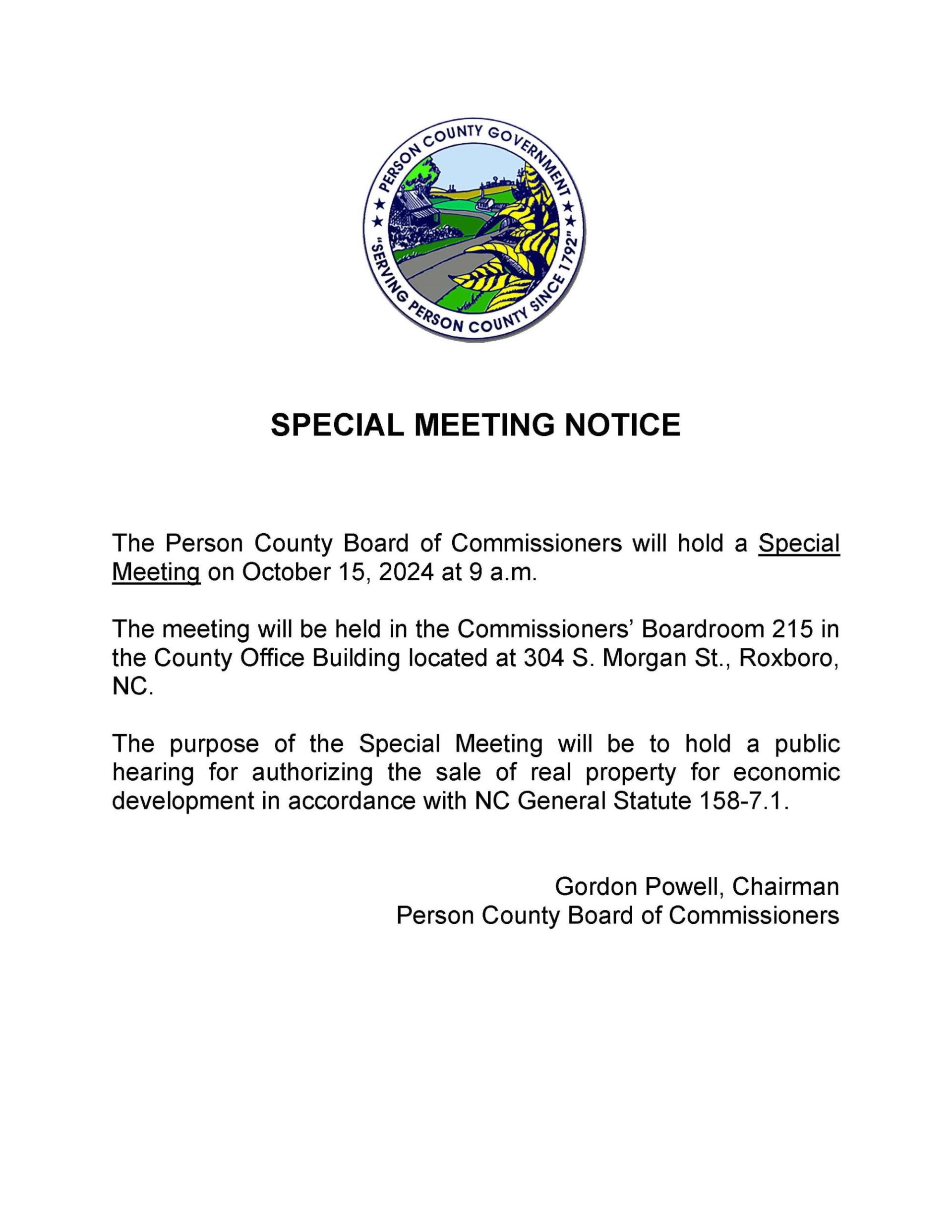 SPECIAL MEETING NOTICE for October 15, 2024