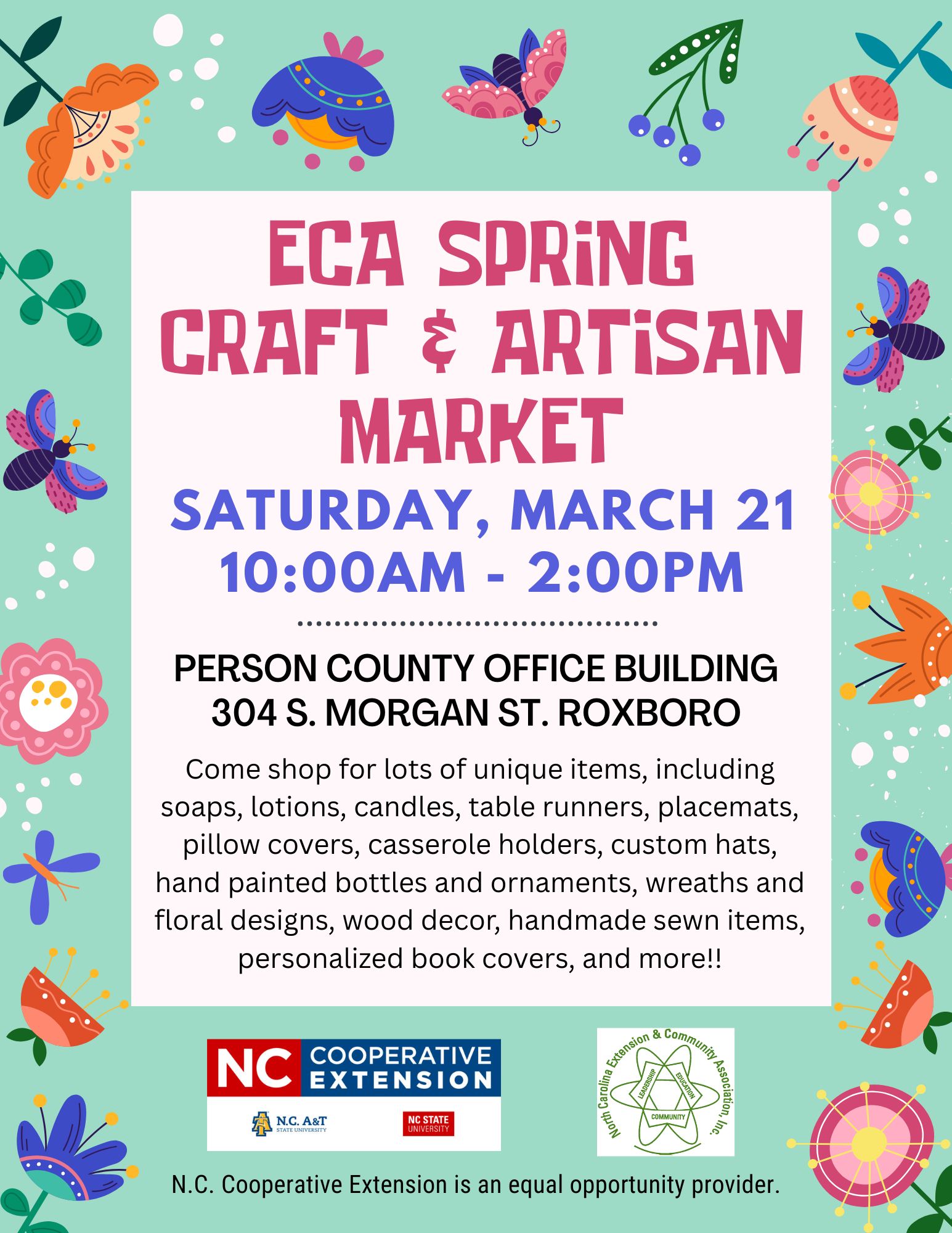 ECA Craft and Artisan Market flyer for March 21 from 10 a.m. - 2 p.m. in the County Office Building Auditorium
