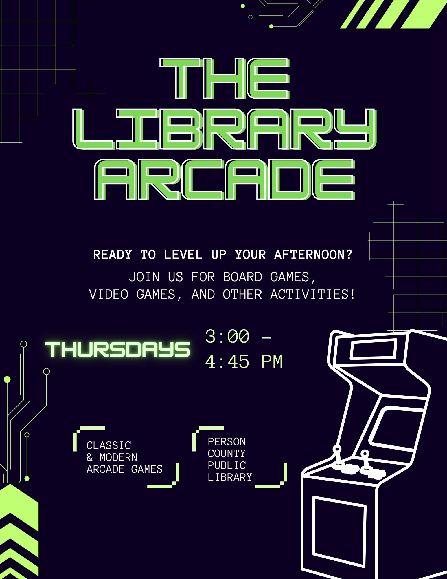 Library Arcade - 3 p.m. every other Thursday at the Person County Public Library