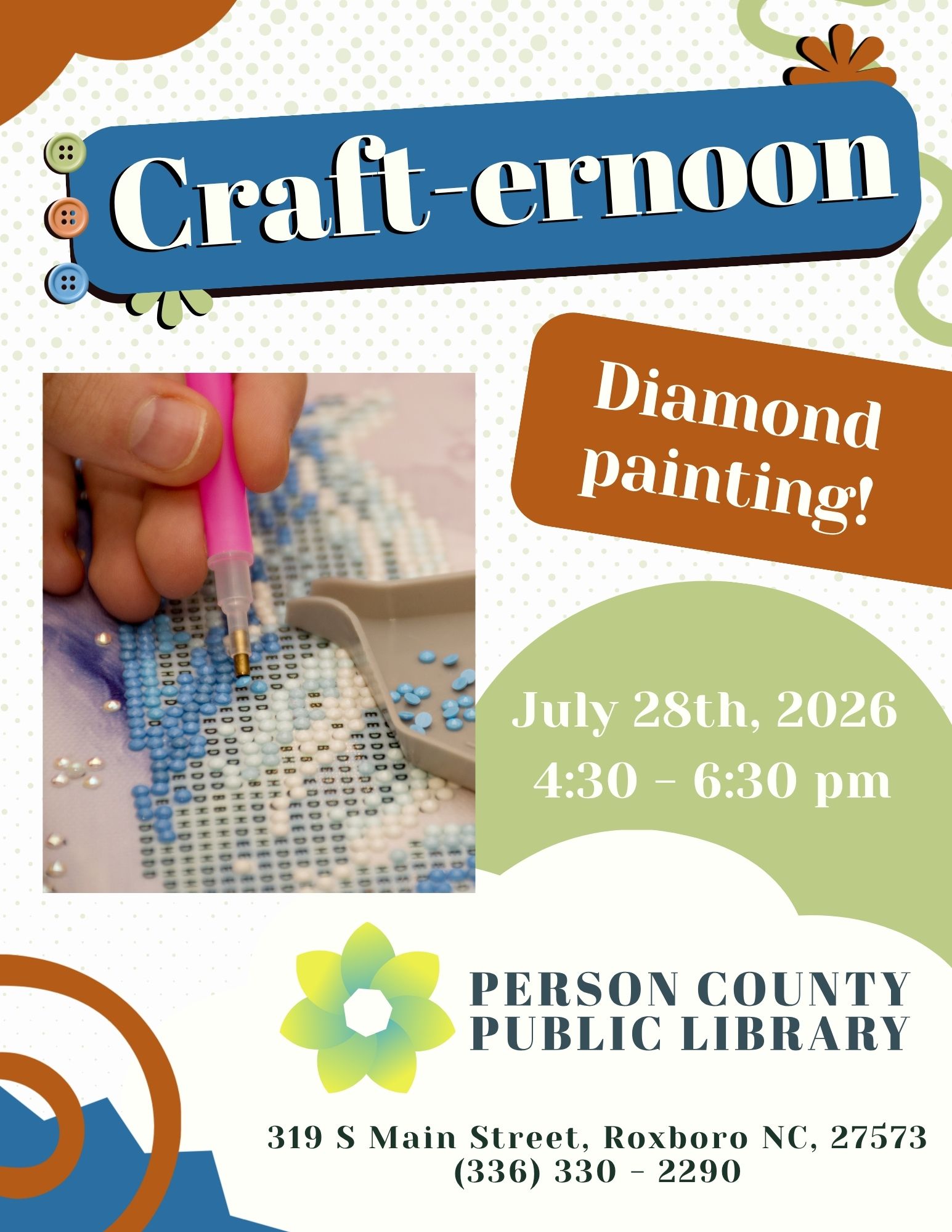 Craft-ernoon: Diamond Painting on Tuesday, July 28 at 4:30 p.m. at the Person County Public Library