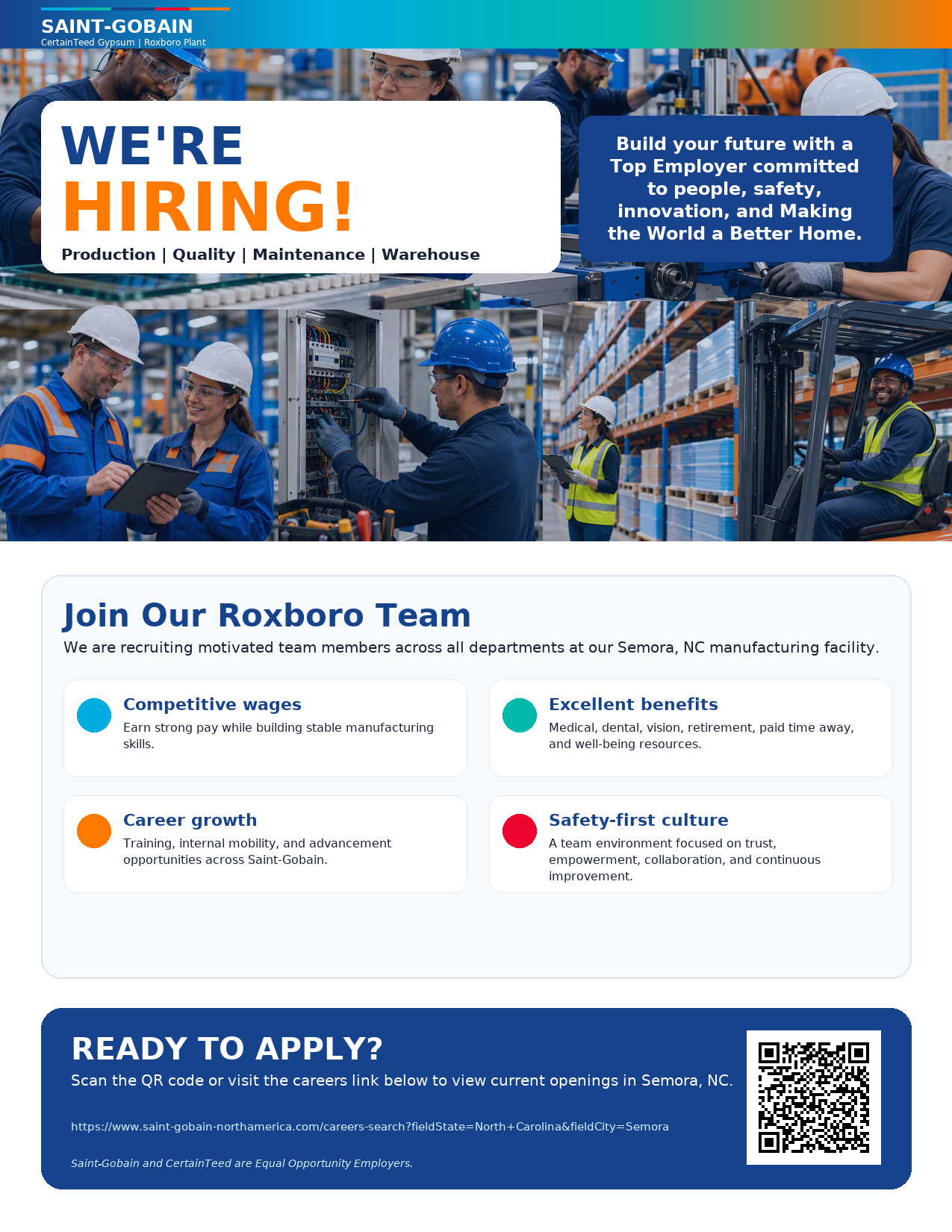 CertainTeed Roxboro Hiring Flyer