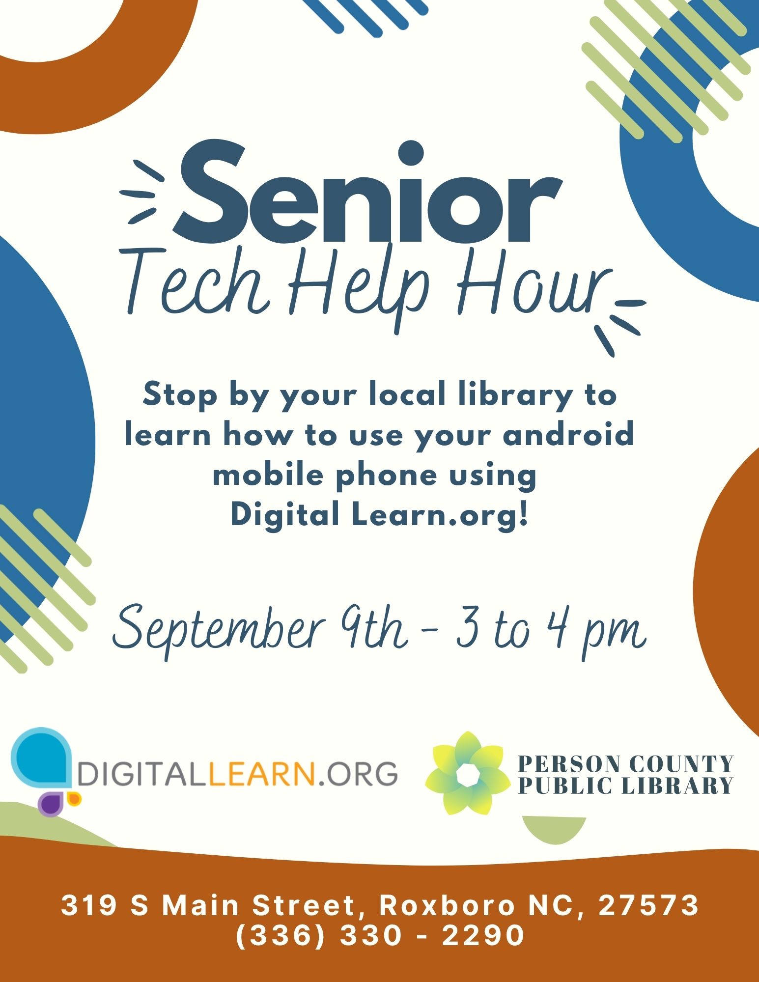 A flyer for the September 9 Tech Help program at the Person County Public Library.