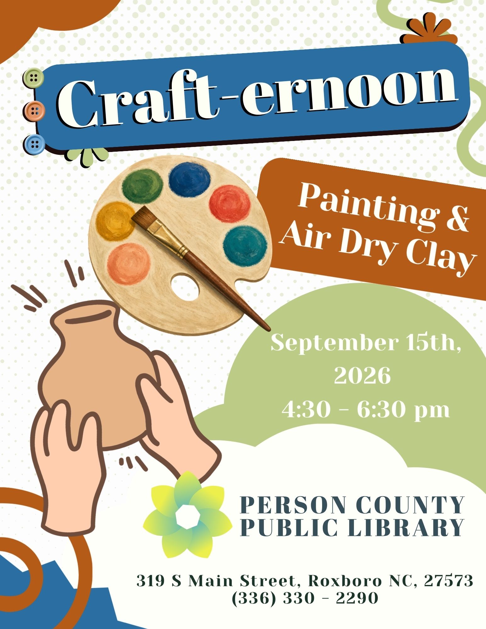 Flyer for painting and air dry clay crafter-noon at the Person County Public Library on September 15