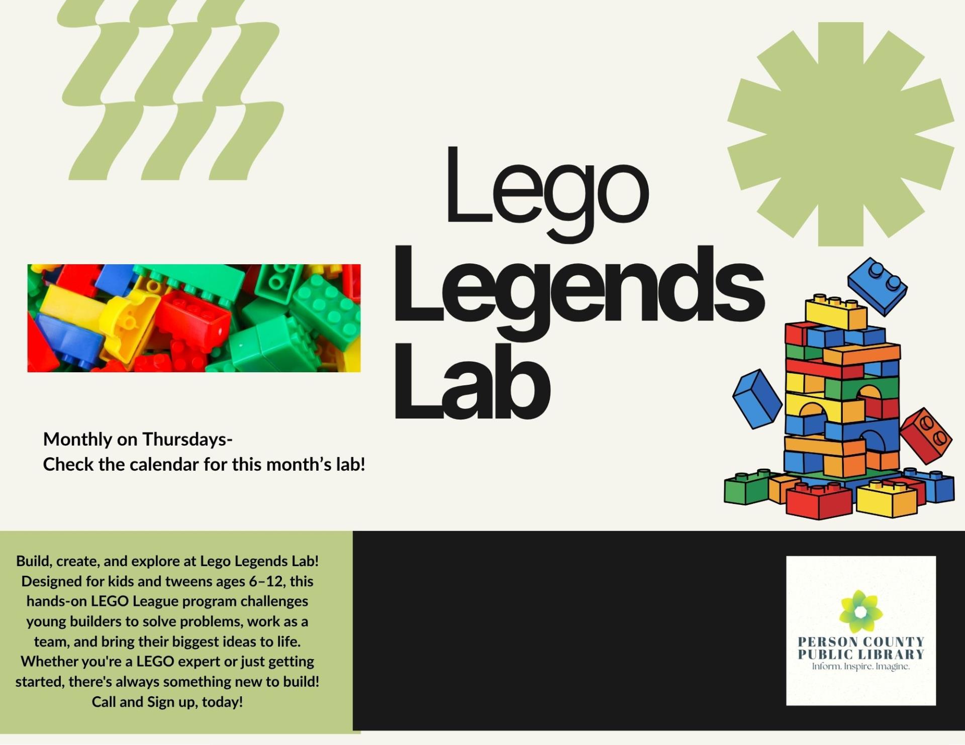 Flyer for Lego Legends Lab program at the Person county Public Library