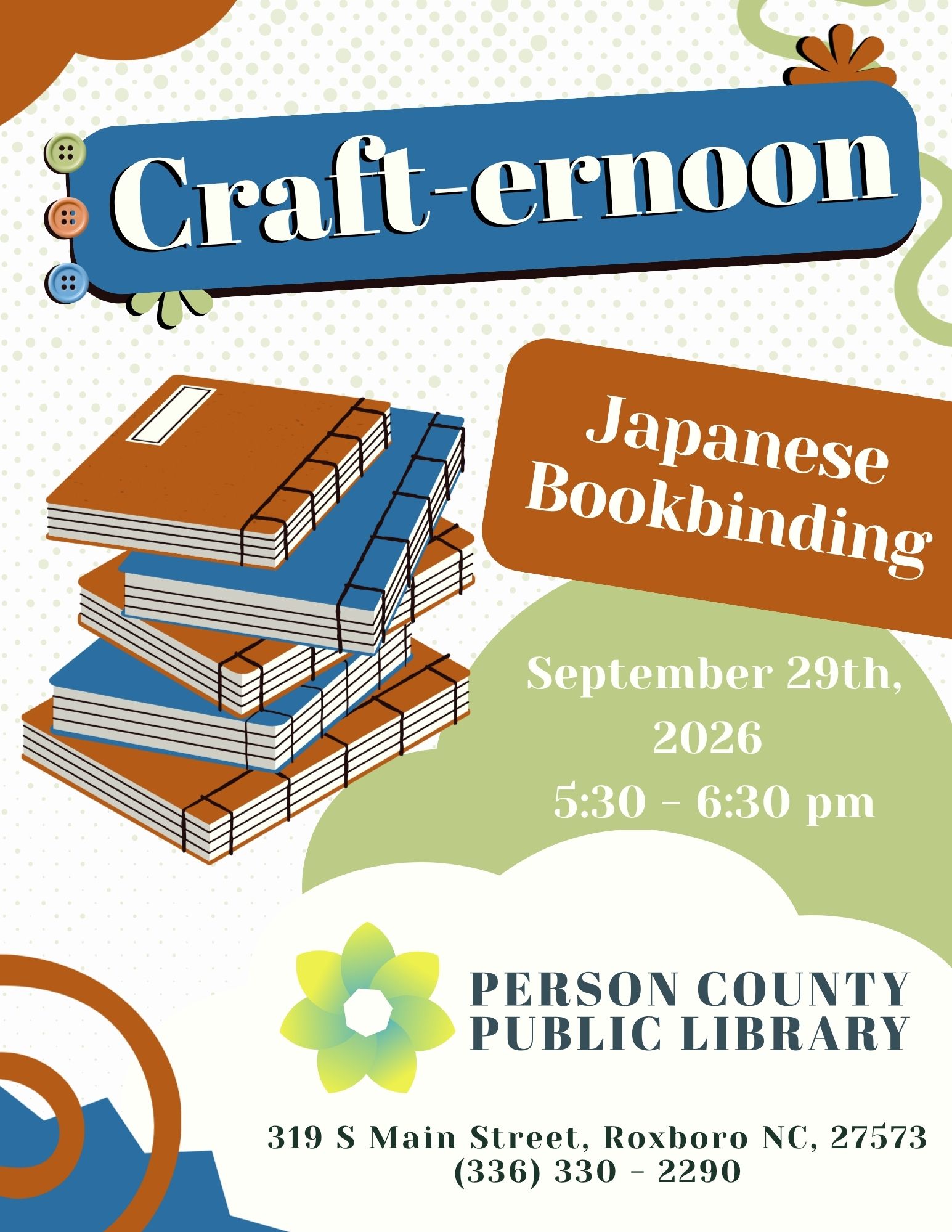 Flyer for Craft-ernoon Bookbinding program at Person County Public Library